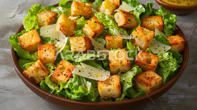 Caesar salad is a healthy and delicious cold appetizer, healthy diet, close-up of a plate full of healthy fresh vegetables, pieces of fresh lettuce, healthy diet meals, healthy restaurants and foods, delicious fast food meals