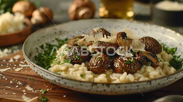 طبق ريزوتو الفطر الكريمي مع البقدونس وجبن البارميزان، المأكولات الشرقية اللذيذة, فنون تقديم الطعام في مطاعم المملكة العربية السعودية, وجبات وأطباق شعبية شهية, وصفات الأطعمة التقليدية