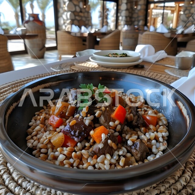 وجبة ذات قيمة غذائية عالية ،مطاعم للمأكولات الشرقية في المملكة العربية السعودية ،صورة مقربة لطبق من اللحم البقري مع الخضروات الشهية ،وصفات المطبخ السعودي الغني بالنكهات ،أطعمة غنية بالبروتين