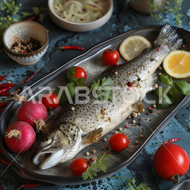 أطباق الوجبات الرئيسية الشهية، المأكولات و الكائنات البحريه الطازجة, وجبات الطعام السريعة، صورة مقربة لطبق من السمك المشوي الطازج مع الخضار، فنون التقديم في مطاعم ومطابخ المملكة العربيه السعودية