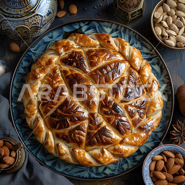 إتقان مهارة إعداد المخبوزات والمعجنات في مطابخ المملكة العربية السعودية ،طبق من الفطائر الذهبية ذات التصميم المعقد ،فن تقديم الأطباق في المطاعم ،مكونات ووصفات عربية