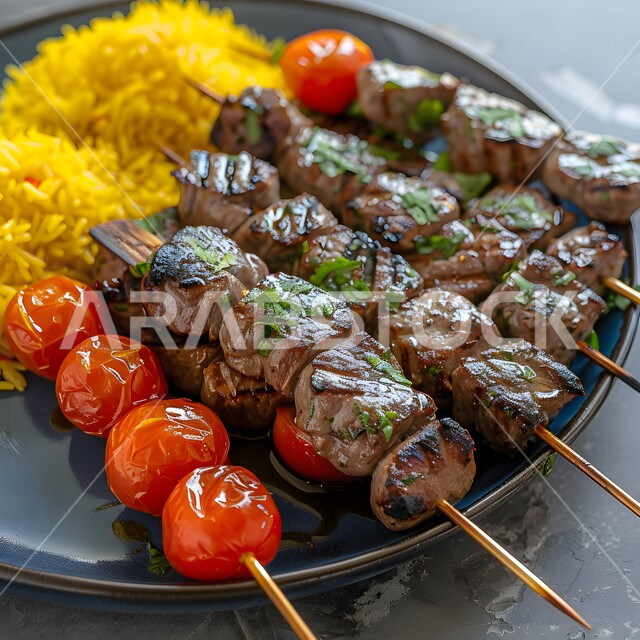 وجبات اللحم الضأن الشهية الساخنة، فنون التقديم في مطابخ المملكة العربية السعودية, أطعمة وأغذية صحية, مطاعم للمأكولات العربية الشرقية, صورة مقربة لقطع اللحوم المشوية مع الخضار المتنوعة المقدمة مع الأرز