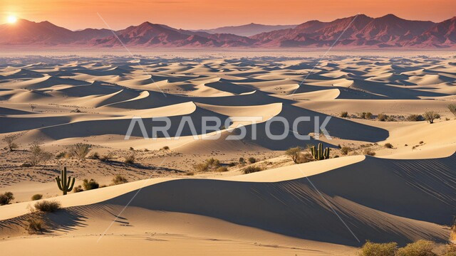 التضاريس و المرتفعات والقمم في البراري، التكوينات والتشكلات الرملية في صحراء المملكة العربية السعودية,  مناطق البادية والبيئة الصحراوية في النهار, الكثبان والتلال من الرمال الناعمة الذهبية وقت الغروب