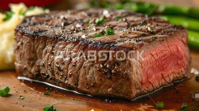 Restaurants and Kitchens of the Kingdom of Saudi Arabia Close-up image of a plate of grilled steak with rosemary and sauce, the art of presenting oriental foods, delicious healthy foods, recipes for meat rich in protein