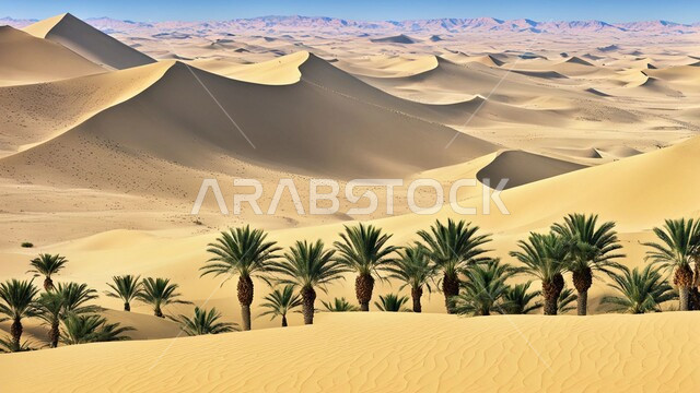  المناطق البرية والبيئة الصحراوية في المملكة العربية السعودية، زراعة اشجار النخل والنباتات الخضراء في البادية وقت النهار، شجر نخيل التمر والرطب وسط الرمال الذهبية الناعمة، التلال والكثبان الرملية المتشكلة, خلفية الطبيعة