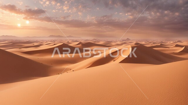 Terrain, elevations and peaks in the prairies, sand formations and formations in the desert of the Kingdom of Saudi Arabia, desert areas and desert environment during the day, dunes and hills of soft golden sand