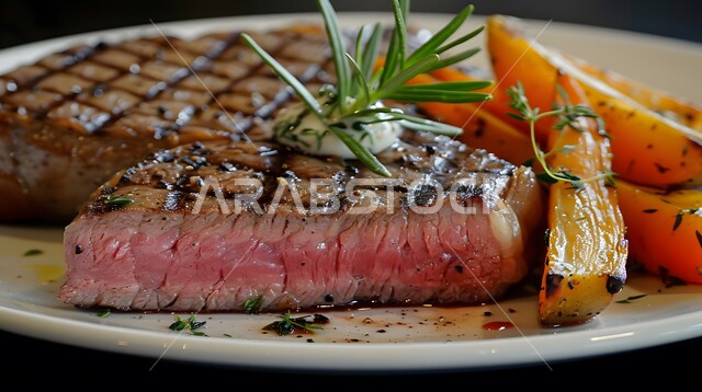 مطاعم للمأكولات العربية الشرقية، وصفات المطبخ السعودي الغني بالنكهات، اللحوم البقرية المشوية الشهية، أطعمة غنية بالبروتين، صورة مقربة لستيك اللحم مع الخضار المطبوخة والتوابل على لوح خشبي، وجبة ذات قيمة غذائية عالية