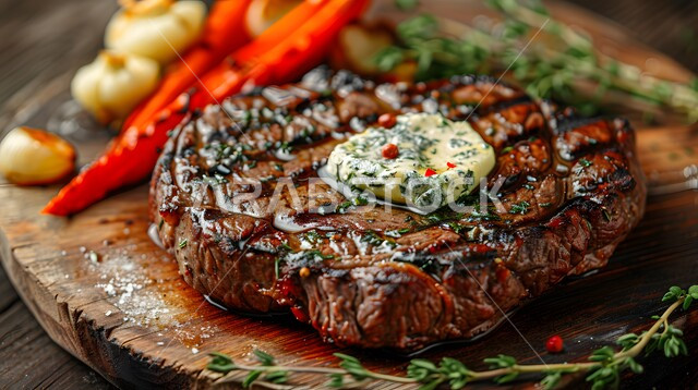مطاعم للمأكولات العربية الشرقية، وصفات المطبخ السعودي الغني بالنكهات، اللحوم البقرية المشوية الشهية، أطعمة غنية بالبروتين، صورة مقربة لستيك اللحم مع الخضار المطبوخة والتوابل على لوح خشبي، وجبة ذات قيمة غذائية عالية