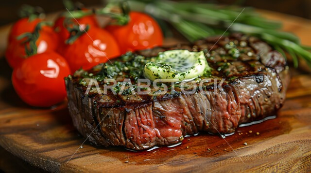  وجبة ذات قيمة غذائية عالية ، مطاعم للمأكولات العربية الشرقية، وصفات المطبخ السعودي الغني بالنكهات، اللحوم البقرية المشوية الشهية، أطعمة غنية بالبروتين، صورة مقربة لستيك اللحم مع الخضار المطبوخة والتوابل على لوح خشبي