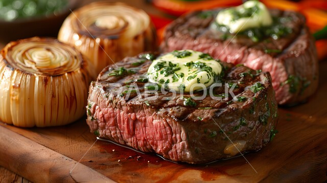  وجبة ذات قيمة غذائية عالية ، مطاعم للمأكولات العربية الشرقية، وصفات المطبخ السعودي الغني بالنكهات، اللحوم البقرية المشوية الشهية، أطعمة غنية بالبروتين، صورة مقربة لستيك اللحم مع الخضار المطبوخة والتوابل على لوح خشبي