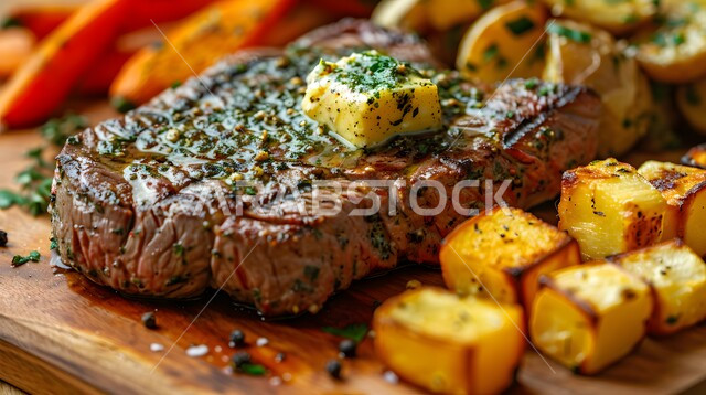 High nutritional value meal, Oriental Arabic food restaurants, Saudi cuisine recipes rich in flavors, delicious grilled beef, protein-rich foods, close-up of steak with cooked vegetables and spices on a wooden board