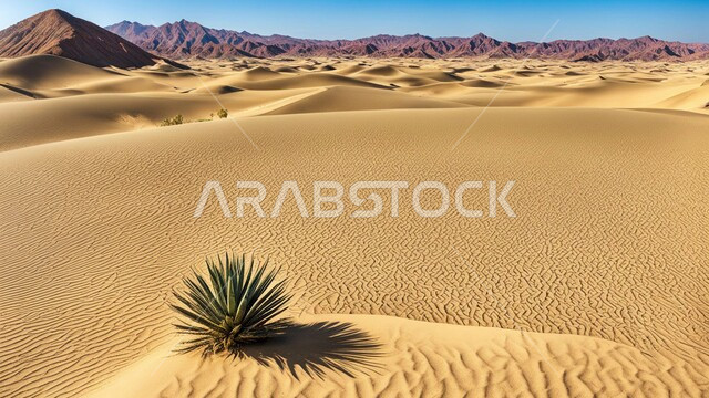 مناطق البادية والبيئة الطبيعية الصحراوية في المملكة العربية السعودية، الهضاب و التلال من الرمال الناعمة الذهبية، التشكلات و التكوينات الرملية في وسط صحراء، نمو النباتات البرية في صحاري المملكة، خلفية الطبيعة