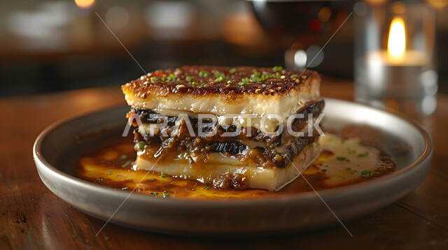 Delicious Arabic food and meals, a meal with high nutritional value, a close-up photo of a plate of delicious lasagna with cheese, the art of presentation in restaurants and kitchens in the Kingdom of Saudi Arabia