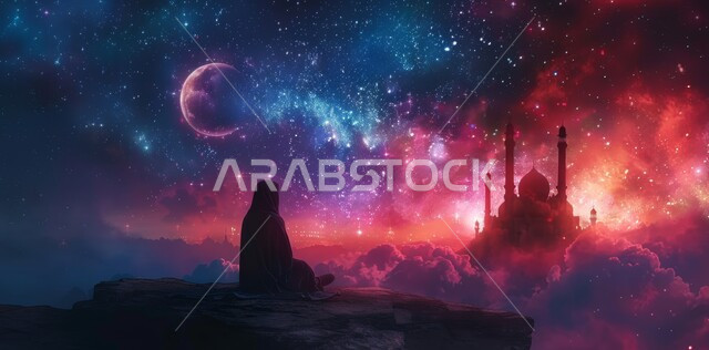 Decorations for holidays and religious occasions, worship and drawing closer to God Almighty, the background of the starry sky, the arrival of the month of goodness, three-dimensional illustrations of minarets and domes of Islamic mosques, decorations and distinctive geometric designs in the blessed Ramadan