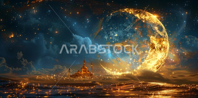 زينة الاعياد والمناسبات الدينية، العبادة والتقرب إلى الله تعالى, خلفية السماء المرصعه بالنجوم, قدوم شهر الخير, رسوم توضيحية ثلاثية الابعاد للمآذن والقبب للمساجد الإسلامية, الديكورات والتصاميم الهندسية المميزة في رمضان المبارك