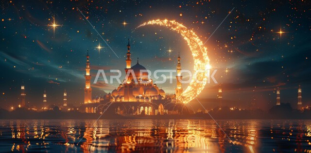 الديكورات والتصاميم الهندسية المميزة في رمضان المبارك، زينة الاعياد والمناسبات الدينية، العبادة والتقرب إلى الله تعالى, خلفية السماء المرصعه بالنجوم مع القمر المضيء ليلا, قدوم شهر الخير, رسوم توضيحية ثلاثية الابعاد للمآذن والقبب للمساجد الإسلامية