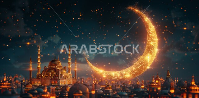 Distinctive decorations and geometric designs in the blessed Ramadan, decorations for holidays and religious occasions, worship and drawing closer to God Almighty, the background of the starry sky with the shining moon at night, the arrival of the month of goodness, three-dimensional illustrations of minarets and domes of Islamic mosques