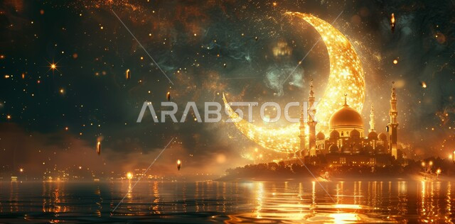 Distinctive decorations and geometric designs in the blessed Ramadan, decorations for holidays and religious occasions, worship and drawing closer to God Almighty, the background of the starry sky with the shining moon at night, the arrival of the month of goodness, three-dimensional illustrations of minarets and domes of Islamic mosques