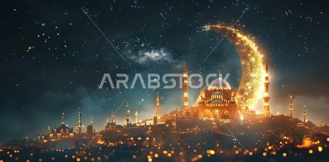 Distinctive decorations and geometric designs in the blessed Ramadan, decorations for holidays and religious occasions, worship and drawing closer to God Almighty, the background of the starry sky with the shining moon at night, the arrival of the month of goodness, three-dimensional illustrations of minarets and domes of Islamic mosques