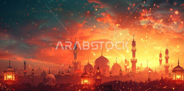 Three-dimensional illustrations of minarets and domes of Islamic mosques, distinctive decorations and geometric designs in the blessed Ramadan, decorations for holidays and religious occasions, worship and drawing closer to God Almighty, the arrival of the month of goodness, the background of the sky at sunset