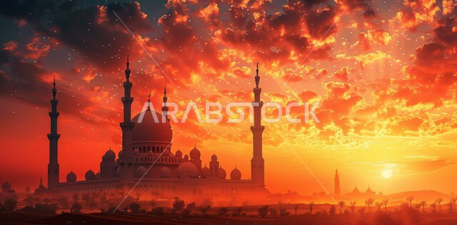 رسوم توضيحية ثلاثية الابعاد للمآذن والقبب للمساجد الإسلامية, الديكورات والتصاميم الهندسية المميزة في رمضان المبارك, زينة الاعياد والمناسبات الدينية، العبادة والتقرب إلى الله تعالى, قدوم شهر الخير, خلفية السماء بغروب الشمس