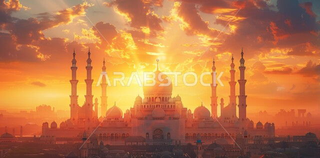 رسوم توضيحية ثلاثية الابعاد للمآذن والقبب للمساجد الإسلامية, الديكورات والتصاميم الهندسية المميزة في رمضان المبارك, زينة الاعياد والمناسبات الدينية، العبادة والتقرب إلى الله تعالى, قدوم شهر الخير, خلفية السماء بغروب الشمس