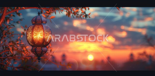 ديكورات وتحف تقليدية للاحتفال بقدوم شهر رمضان المبارك، فوانيس عربية معدنية مزخرفة مضيئة معلقة، العادات والتقاليد العربية في زينة الأعياد والمناسبات الدينية، أجواء رمضانية وروحانية إسلامية
