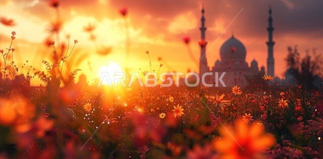 Three-dimensional illustrations of minarets and domes of Islamic mosques, distinctive decorations and geometric designs in the blessed Ramadan, decorations for holidays and religious occasions, worship and drawing closer to God Almighty, the arrival of the month of goodness, the background of the sky at sunset