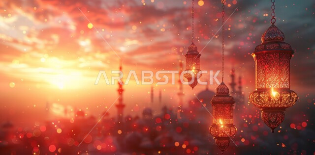 ديكورات وتحف تقليدية للاحتفال بقدوم شهر رمضان المبارك، فوانيس عربية معدنية مزخرفة مضيئة معلقة، العادات والتقاليد العربية في زينة الأعياد والمناسبات الدينية، أجواء رمضانية وروحانية إسلامية