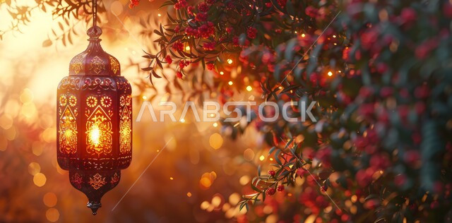 ديكورات وتحف تقليدية للاحتفال بقدوم شهر رمضان المبارك، فوانيس عربية معدنية مزخرفة مضيئة معلقة، العادات والتقاليد العربية في زينة الأعياد والمناسبات الدينية، أجواء رمضانية وروحانية إسلامية
