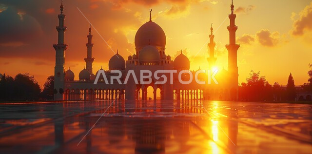 Three-dimensional illustrations of minarets and domes of Islamic mosques, distinctive decorations and geometric designs in the blessed Ramadan, decorations for holidays and religious occasions, worship and drawing closer to God Almighty, the arrival of the month of goodness, the background of the sky at sunset