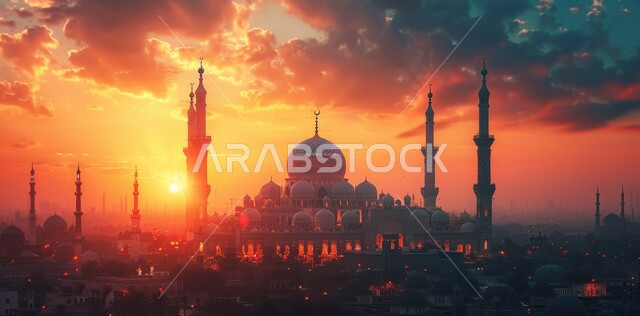 رسوم توضيحية ثلاثية الابعاد للمآذن والقبب للمساجد الإسلامية, الديكورات والتصاميم الهندسية المميزة في رمضان المبارك, زينة الاعياد والمناسبات الدينية، العبادة والتقرب إلى الله تعالى, قدوم شهر الخير, خلفية السماء بغروب الشمس
