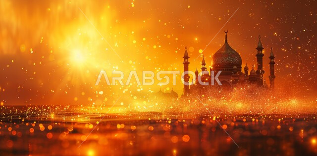 رسوم توضيحية ثلاثية الابعاد للمآذن والقبب للمساجد الإسلامية, الديكورات والتصاميم الهندسية المميزة في رمضان المبارك, زينة الاعياد والمناسبات الدينية، العبادة والتقرب إلى الله تعالى, قدوم شهر الخير, خلفية السماء بغروب الشمس