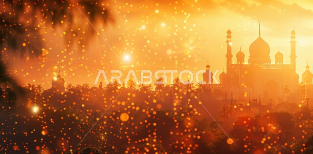 Three-dimensional illustrations of minarets and domes of Islamic mosques, distinctive decorations and geometric designs in the blessed Ramadan, decorations for holidays and religious occasions, worship and drawing closer to God Almighty, the arrival of the month of goodness, the background of the sky at sunset