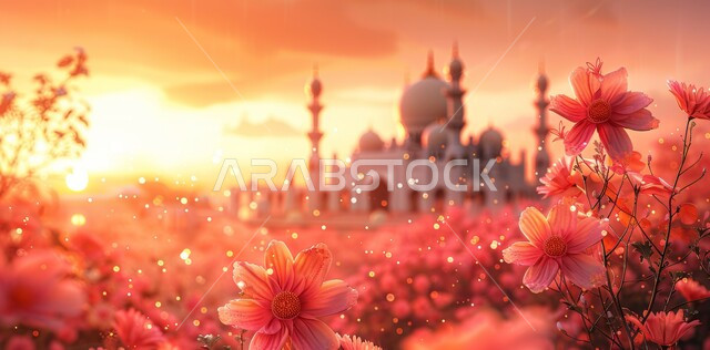 أجواء رمضانية وروحانية إسلامية, رسومات لتصاميم الفن الهندسي المعماري لجامع إسلامي محاط بالزهور الملونة، مجسمات ثلاثية الابعاد للمساجد والقبب، العبادة والتقرب إلى الله