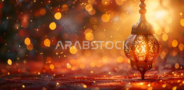 ديكورات وتحف تقليدية للاحتفال بقدوم شهر رمضان المبارك، فوانيس عربية معدنية مزخرفة مضيئة معلقة، العادات والتقاليد العربية في زينة الأعياد والمناسبات الدينية، أجواء رمضانية وروحانية إسلامية