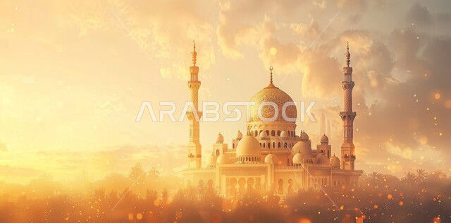 رسوم توضيحية ثلاثية الابعاد للمآذن والقبب للمساجد الإسلامية, الديكورات والتصاميم الهندسية المميزة في رمضان المبارك, زينة الاعياد والمناسبات الدينية، العبادة والتقرب إلى الله تعالى, قدوم شهر الخير, خلفية السماء بغروب الشمس