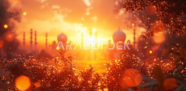 Three-dimensional illustrations of minarets and domes of Islamic mosques, distinctive decorations and geometric designs in the blessed Ramadan, decorations for holidays and religious occasions, worship and drawing closer to God Almighty, the arrival of the month of goodness, the background of the sky at sunset