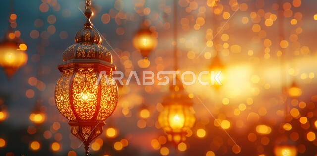 Hanging illuminated decorative metal Arab lanterns, Arab customs and traditions in holiday decorations and religious occasions, Ramadan and Islamic spiritual atmosphere, traditional decorations and antiques to celebrate the advent of the holy month of Ramadan