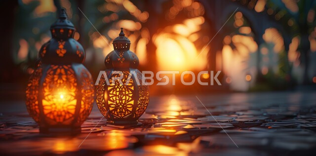 العادات والتقاليد العربية في زينة الأعياد والمناسبات الدينية، أجواء رمضانية وروحانية إسلامية, ديكورات وتحف تقليدية للاحتفال بقدوم شهر رمضان المبارك, فوانيس عربية معدنية مزخرفة مضيئة 