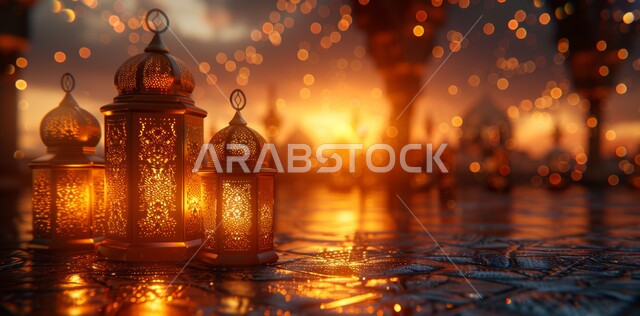 العادات والتقاليد العربية في زينة الأعياد والمناسبات الدينية، أجواء رمضانية وروحانية إسلامية, ديكورات وتحف تقليدية للاحتفال بقدوم شهر رمضان المبارك, فوانيس عربية معدنية مزخرفة مضيئة 