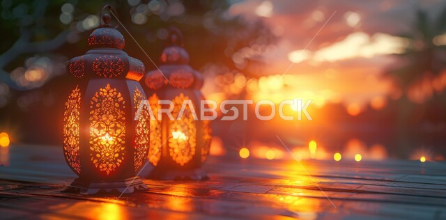 العادات والتقاليد العربية في زينة الأعياد والمناسبات الدينية، أجواء رمضانية وروحانية إسلامية, ديكورات وتحف تقليدية للاحتفال بقدوم شهر رمضان المبارك, فوانيس عربية معدنية مزخرفة مضيئة 