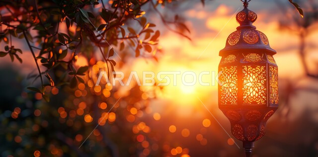 فوانيس عربية معدنية مزخرفة مضيئة معلقة، العادات والتقاليد العربية في زينة الأعياد والمناسبات الدينية، أجواء رمضانية وروحانية إسلامية, ديكورات وتحف تقليدية للاحتفال بقدوم شهر رمضان المبارك