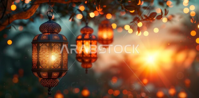 Hanging illuminated decorative metal Arab lanterns, Arab customs and traditions in holiday decorations and religious occasions, Ramadan and Islamic spiritual atmosphere, traditional decorations and antiques to celebrate the advent of the holy month of Ramadan