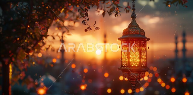 Hanging illuminated decorative metal Arab lanterns, Arab customs and traditions in holiday decorations and religious occasions, Ramadan and Islamic spiritual atmosphere, traditional decorations and antiques to celebrate the advent of the holy month of Ramadan