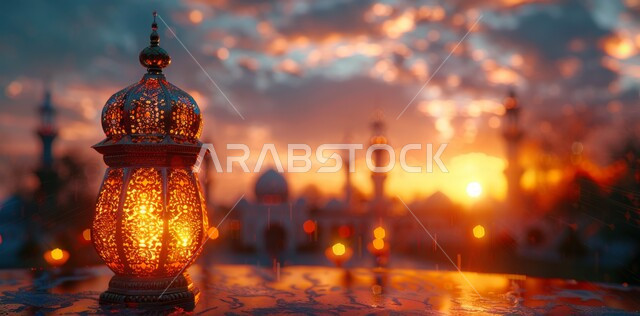 العادات والتقاليد العربية في زينة الأعياد والمناسبات الدينية، أجواء رمضانية وروحانية إسلامية, ديكورات وتحف تقليدية للاحتفال بقدوم شهر رمضان المبارك, فوانيس عربية معدنية مزخرفة مضيئة 