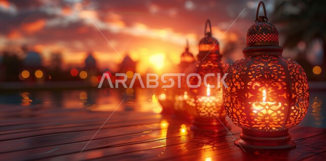 العادات والتقاليد العربية في زينة الأعياد والمناسبات الدينية، أجواء رمضانية وروحانية إسلامية, ديكورات وتحف تقليدية للاحتفال بقدوم شهر رمضان المبارك, فوانيس عربية معدنية مزخرفة مضيئة 