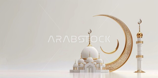 Three-dimensional Ramadan models of minarets and domes of Islamic mosques, decorations and distinctive geometric designs in the blessed Ramadan, decorations for holidays and religious occasions, worship and drawing closer to God Almighty, the arrival of the month of goodness, sky background with sunset