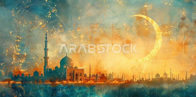 الديكورات والتصاميم الهندسية المميزة في رمضان المبارك، زينة الاعياد والمناسبات الدينية، العبادة والتقرب إلى الله تعالى, خلفية السماء المرصعه بالنجوم مع القمر المضيء ليلا, قدوم شهر الخير, رسوم توضيحية ثلاثية الابعاد للمآذن والقبب للمساجد الإسلامية
