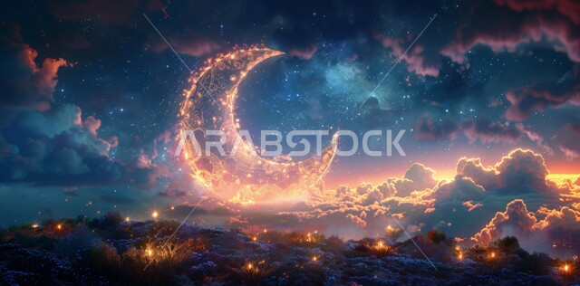 البهجة والاحتفال بقدوم شهر الخير، الأجواء الروحانية الهادئة، رسوم توضيحية ثلاثية الأبعاد لهلال رمضان المبارك باللون الذهبي في السماء مع الغيوم المتفرقة، الاحتفال بالأعياد و المناسبات الدينية الإسلامية